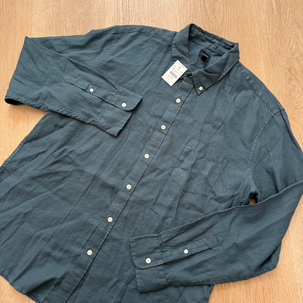 J.Crew AL179 Linen Cotton Button Down Shirt Mens XL Opal Blue Long Sleeve
